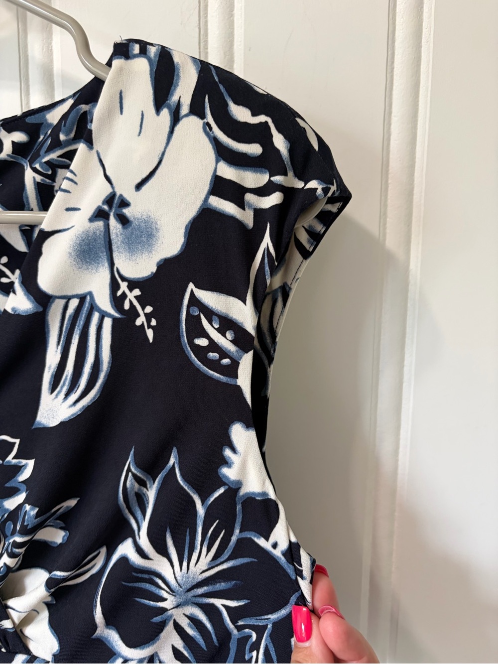 NWT Lauren Ralph Lauren Navy White Floral Ruched Faux Wrap Sheath Dress 14P - Picture 9 of 11